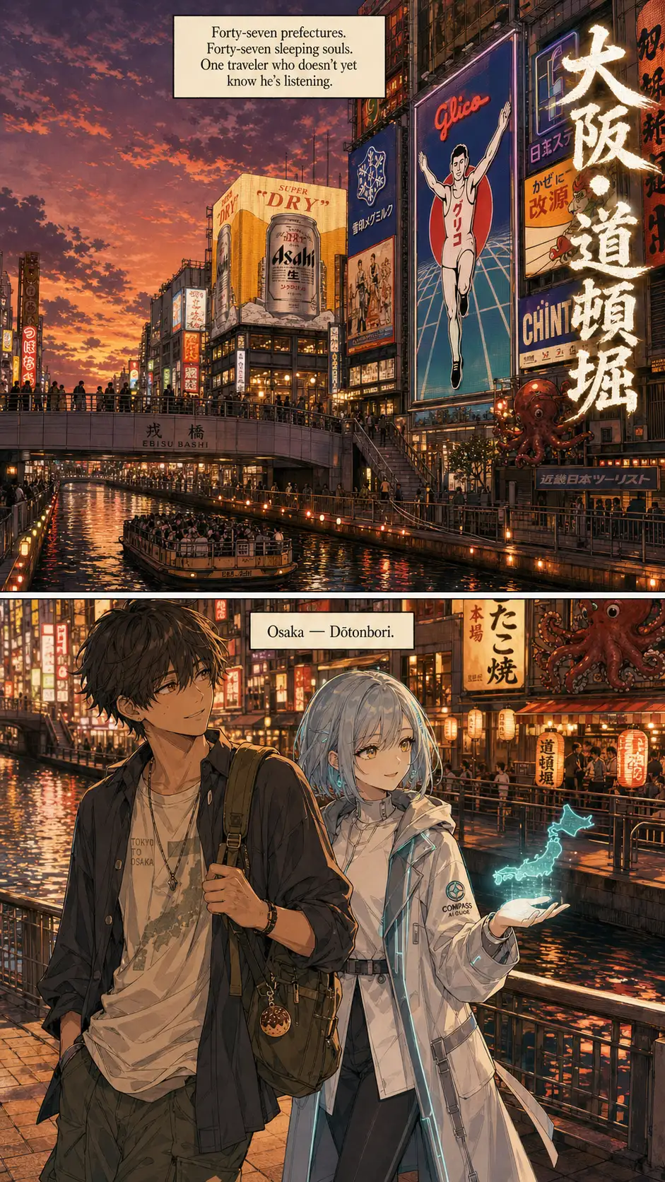 Magazine-poster composition (Nomura mode). Photo-real Dōtonbori canal at golden-hour dusk; the Glico Running Man neon catches the last red-orange wash of the day; warm reflections on canal water below Ebisu Bridge. Baked-in vertical brush-kanji title strip down the right side: '大阪・道頓堀'. / Tighter two-shot of Ren and Compass walking right; the wooden takoyaki-shaped charm on Ren's backpack strap visible as a small detail (subtle series-trigger foreshadow); Compass's holo at idle.