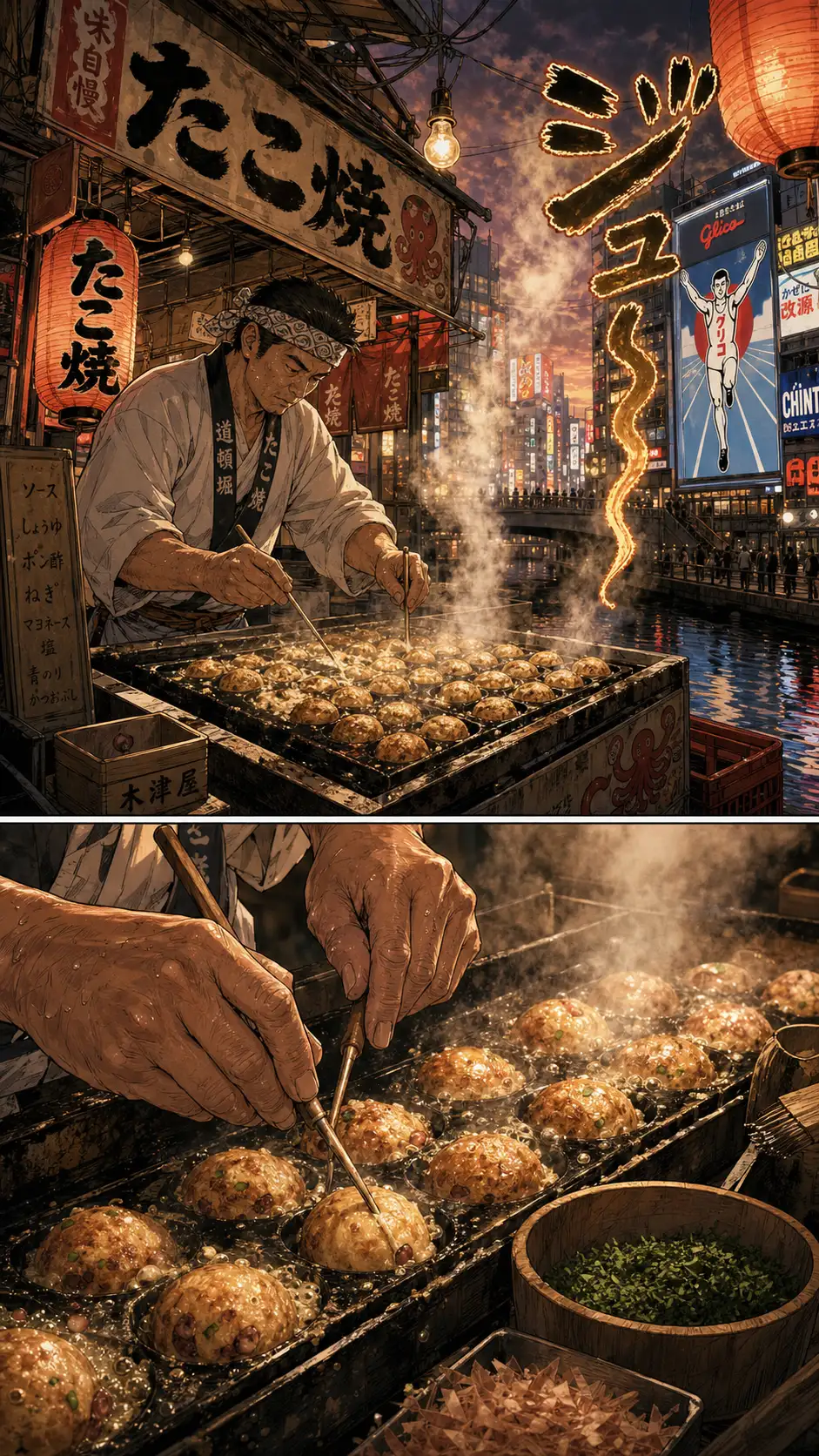 Tatsu photo-real Dōtonbori takoyaki yatai stall at twilight (every paper-lantern kanji, every crack on the grill, every wire above the stall rendered with photo-reference fidelity). Vendor in white happi coat with hachimaki band flipping ten browning batter-balls in oil. Vertical steam columns catch warm red lantern light. Baked-in art-integrated 'ジュー' katakana in the upper-right. / Nekokurage food-reverence close-up: vendor's weathered hands working the wooden pick, glistening hot oil, browning curves of batter, green aonori flakes ready in a small wooden bowl. Decoratively dense detail.