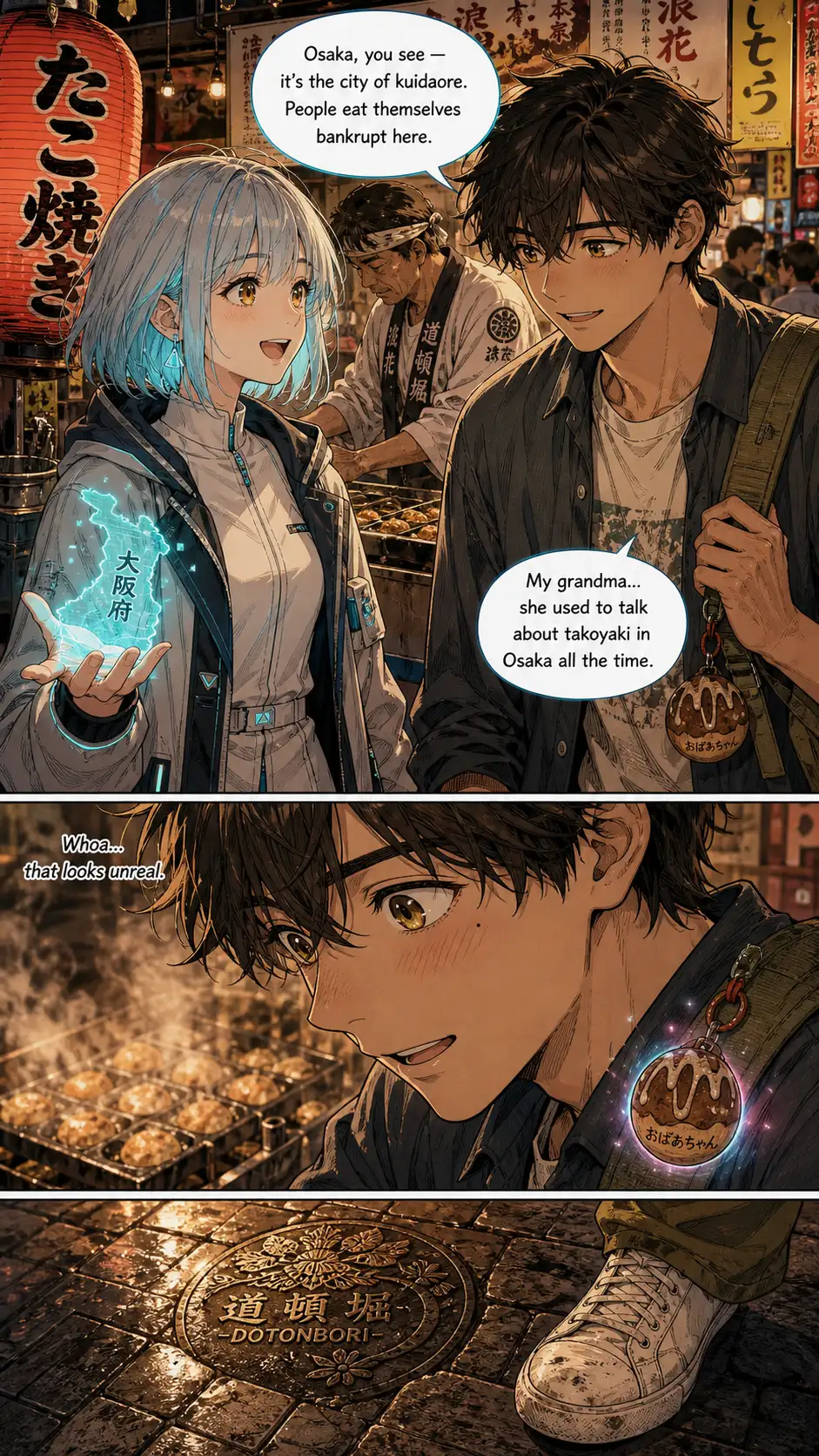 Two-shot medium-close. Compass speaks of *kuidaore* in soft formal explanation; her cyan holo dimmed in her left palm. Ren beside her — but instead of the previous casual 'I'm starving' beat, his reply is the chapter's first crack: 'My grandma always talked about takoyaki here.' Compass's holo flickers visibly behind her hand at the word *grandma*. (She heard him.) / Reaction close-up on Ren: warm hazel eyes, soft cheek blush from the yatai heat. The wooden takoyaki-shaped charm on his backpack strap catches a fraction of yatai light and glints cyan-pink for half a beat — visible to the reader but not to him. Internal monologue. / Tiny extreme-close environmental beat: warm-amber Dōtonbori paving stones with the toe of Ren's worn off-white low-top sneaker just visible.