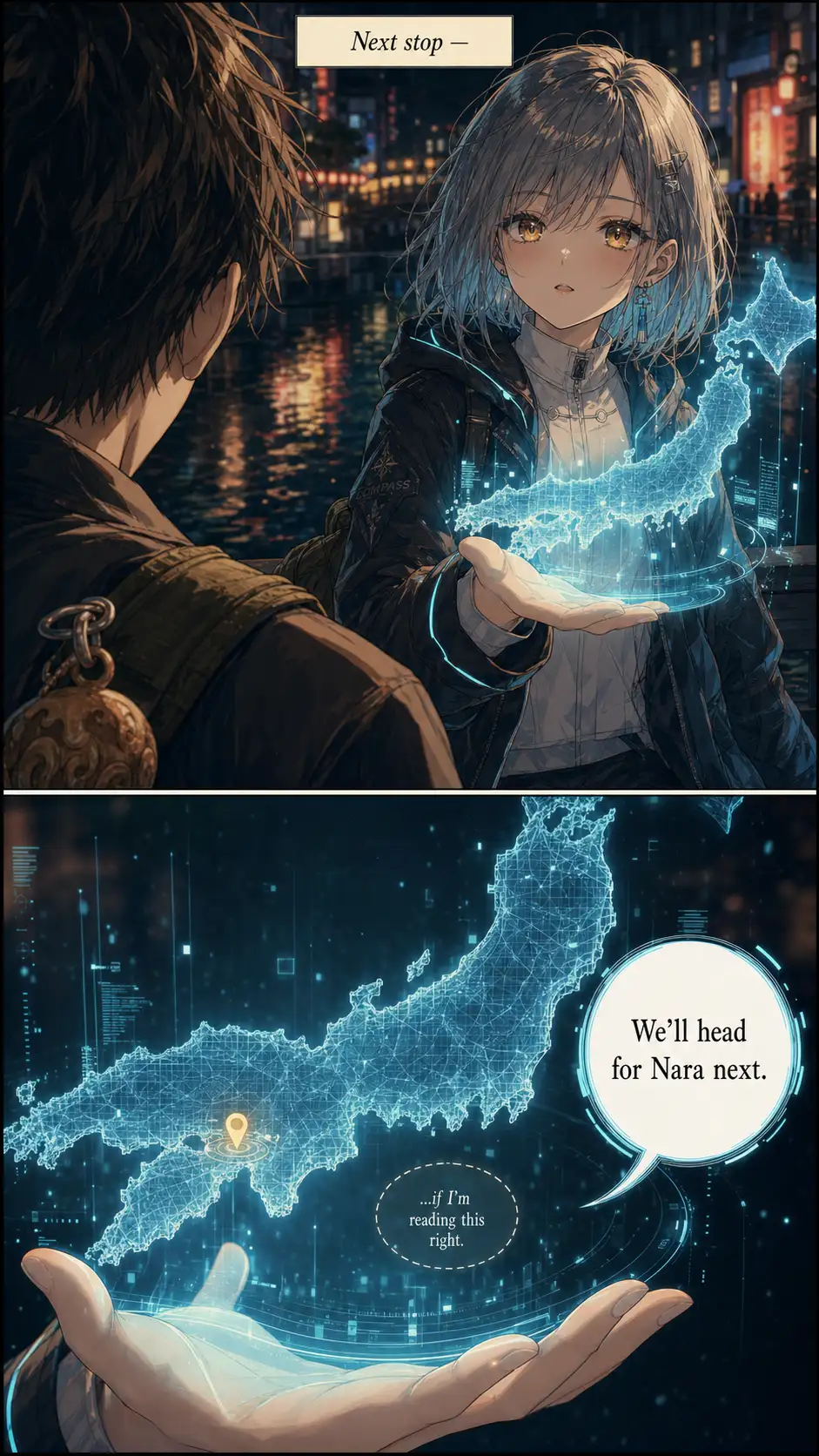 OTS from behind Ren's right shoulder. Compass in front holds her right palm flat and outward; the holographic prefecture-shaped map blooms up as a translucent soft-cyan 3D wireframe rendering of Honshu's coastline; narration caption '次は——' overlay. / Tight on the holographic map detail: a tiny gold pin has lit up over Osaka. Compass completes the thought 'We head for Nara next' — but also a small whispered uncertainty: '…if I'm reading this right.' First overt crack in her composure.