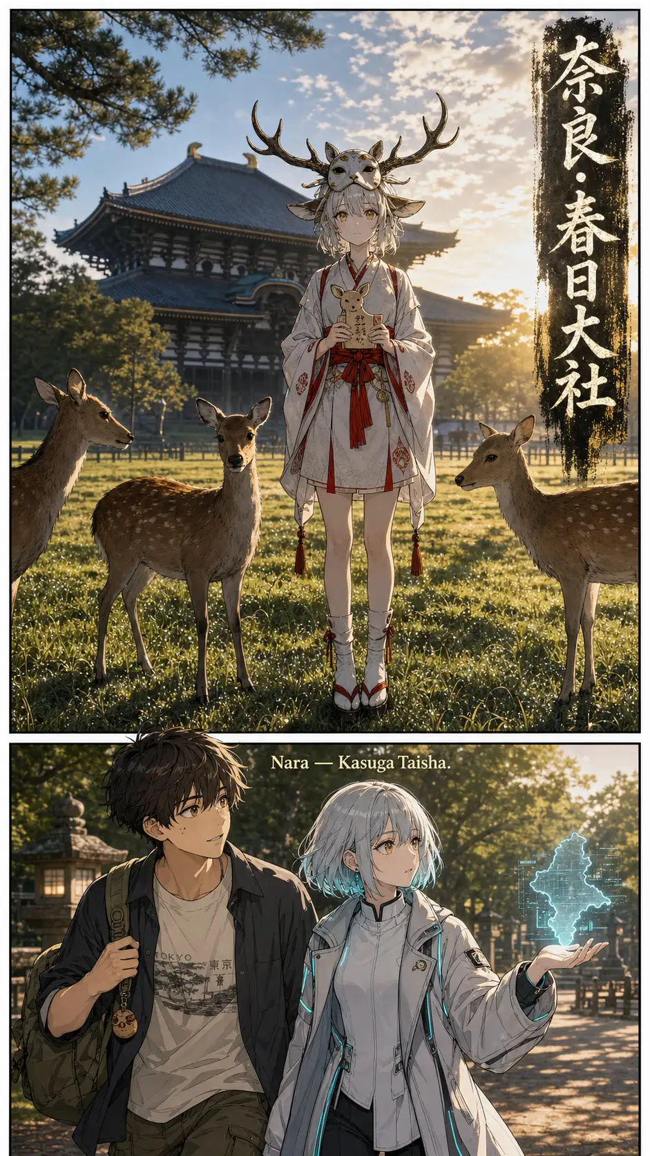 Magazine-poster hook (Nomura mode). Photo-real wide of Nara Park at early morning; Tōdai-ji Great Buddha hall in the background; sika deer wandering freely on dewy grass. Baked-in vertical brush-kanji title strip down the right side: '奈良・春日大社'. The deer shadow from ch01's alley now stands in full morning light — Roku-no-mai turns to face the camera in the top panel. / Tighter two-shot of Ren and Compass walking right; the wooden takoyaki-shaped charm on Ren's backpack strap visible.