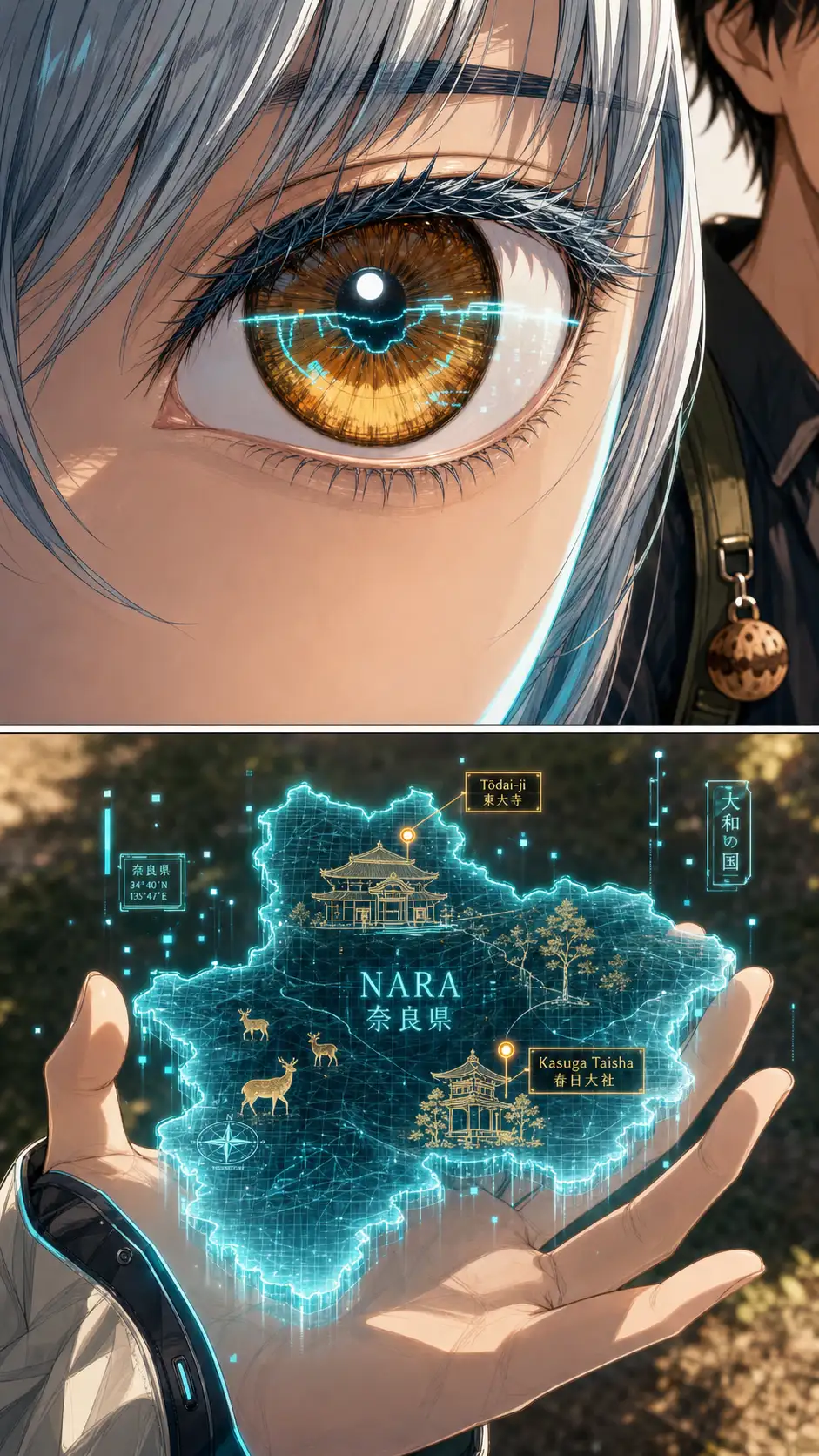 Single-eye intensity panel (Nomura mode): Compass's amber eye fills the panel; the cyan holographic prefecture-map outline reflected across her iris. A faint cyan flicker — her chapter glitch. / Detail of the holographic map: translucent cyan wireframe outline of this prefecture, key features highlighted in gold.