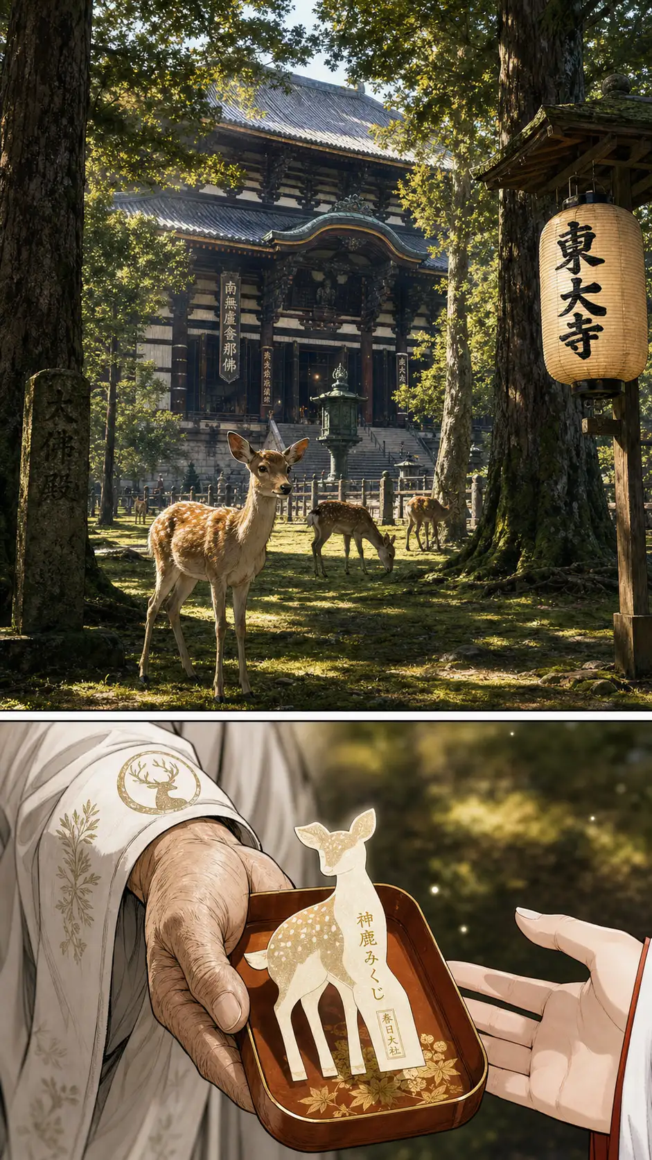 Tatsu photo-real medium-wide of the inner Kasuga Taisha approach at full mid-morning: rows of moss-furred stone lanterns vanishing into the cedar forest, dewy moss bright green, a single fawn lying curled at the base of one lantern; the Tōdai-ji rooftop just visible above the cedars in the far background / Nekokurage decorative close-up of a temple priest's weathered hand offering a single fawn-shaped paper omikuji-fortune from a small lacquer tray; the priest's white sleeve cuff embroidered with a sika-deer crest visible in the upper edge; tiny printed gold characters on the omikuji legible if examined closely