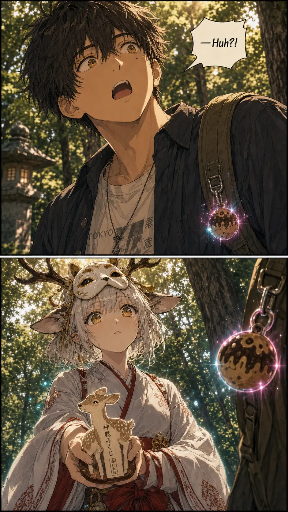 Tight on Ren, startled exclamation. Speech bubble area in the top-center holds his shouted line. / Roku-no-mai fully on-model now. CRUCIALLY: spirit's eyes locked on the wooden charm on Ren's backpack strap, not on Ren. Spirit recognition.
