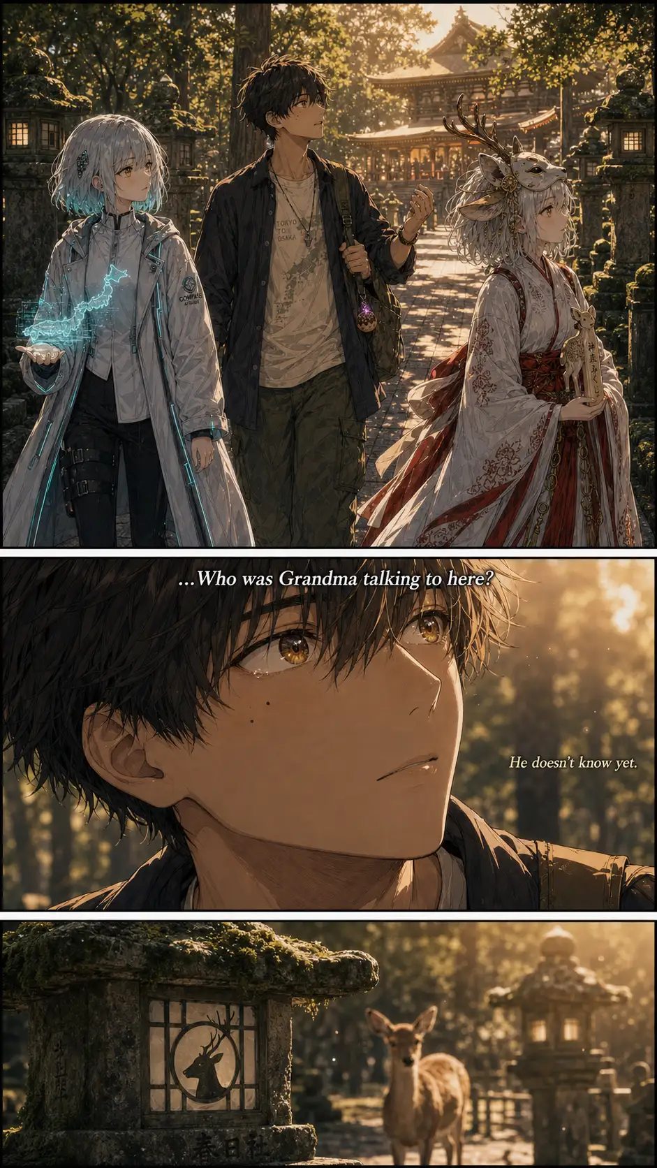 Three-shot of Compass, Ren, and Roku-no-mai in motion. / Miura-mode emotional close-up on Ren. The chapter's grief crack — a fragment of his grandmother resurfacing. / Foreground silhouette or detail to absorb the UI overlay zone.
