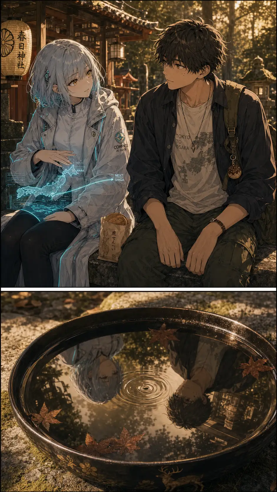 Miura-mode two-shot of Compass and Ren resting in a quiet location. Compass's holo (in her lap) shows a cyan thread extending east toward the next prefecture — a glitch she hides. / quiet environmental detail: the reflection of two figures in a small lacquered shrine offering-bowl filled with rainwater; a single petal of cedar-leaf has fallen into the bowl and ripples once, the wave reaching the figures' reflections at the panel's edge