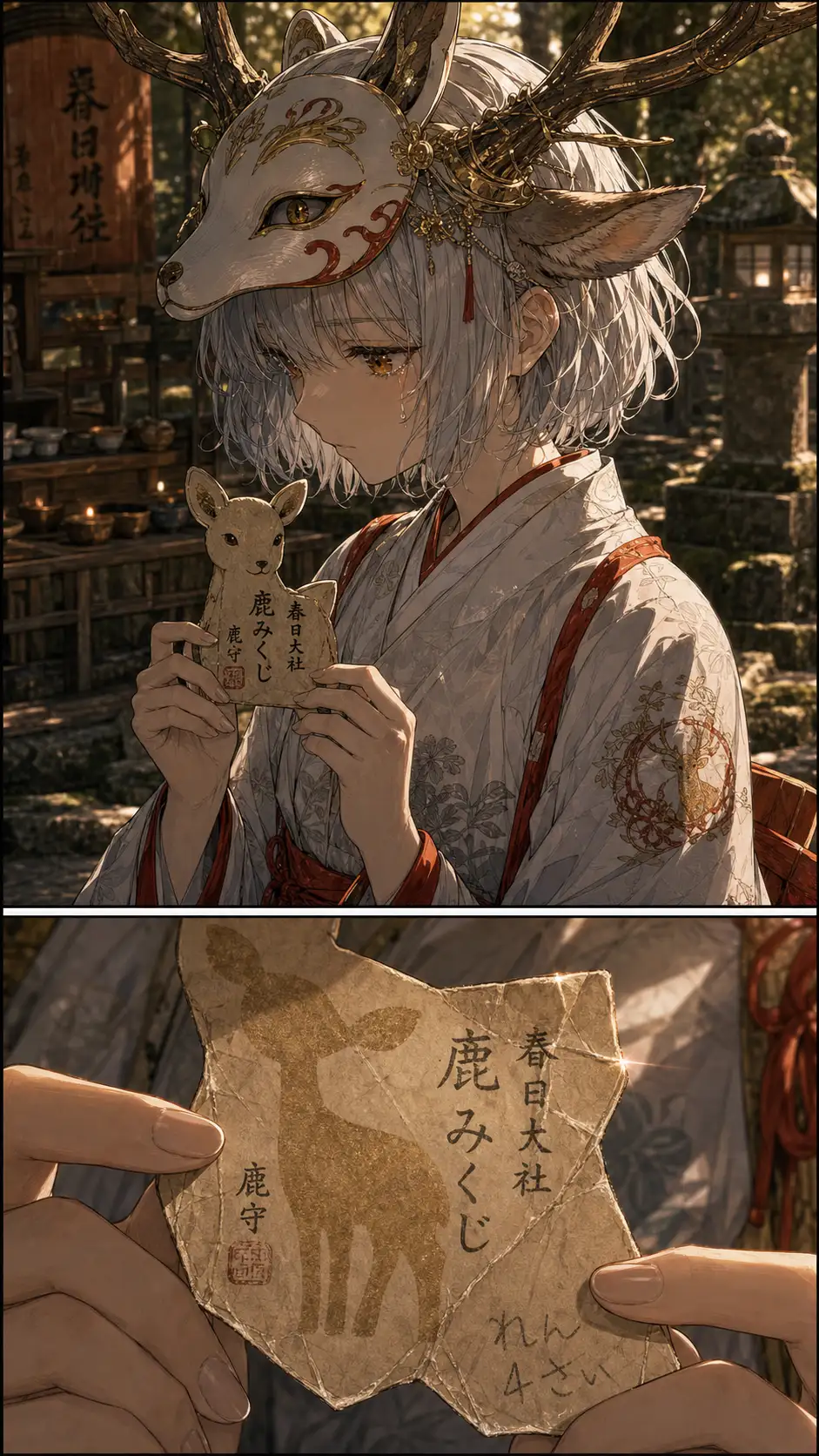 close-up of Roku-no-mai standing alone at a small offering-altar in front of a Kasuga sub-shrine; her deer-mask now pulled fully down over her face for the first time in the chapter (a moment of formal reverence); her palms folded around the omikuji at her chest; a single thin trail of warm-amber tear-trace visible below the mask's right eye-slit / tiny detail beat: the omikuji slip in her hands has a single fawn-shape stamped on it in faded gold ink; the corner of the slip is creased and worn — clearly an old paper, kept for decades; Ren's handwriting from when he was four years old is faintly visible as a single mark in the lower corner