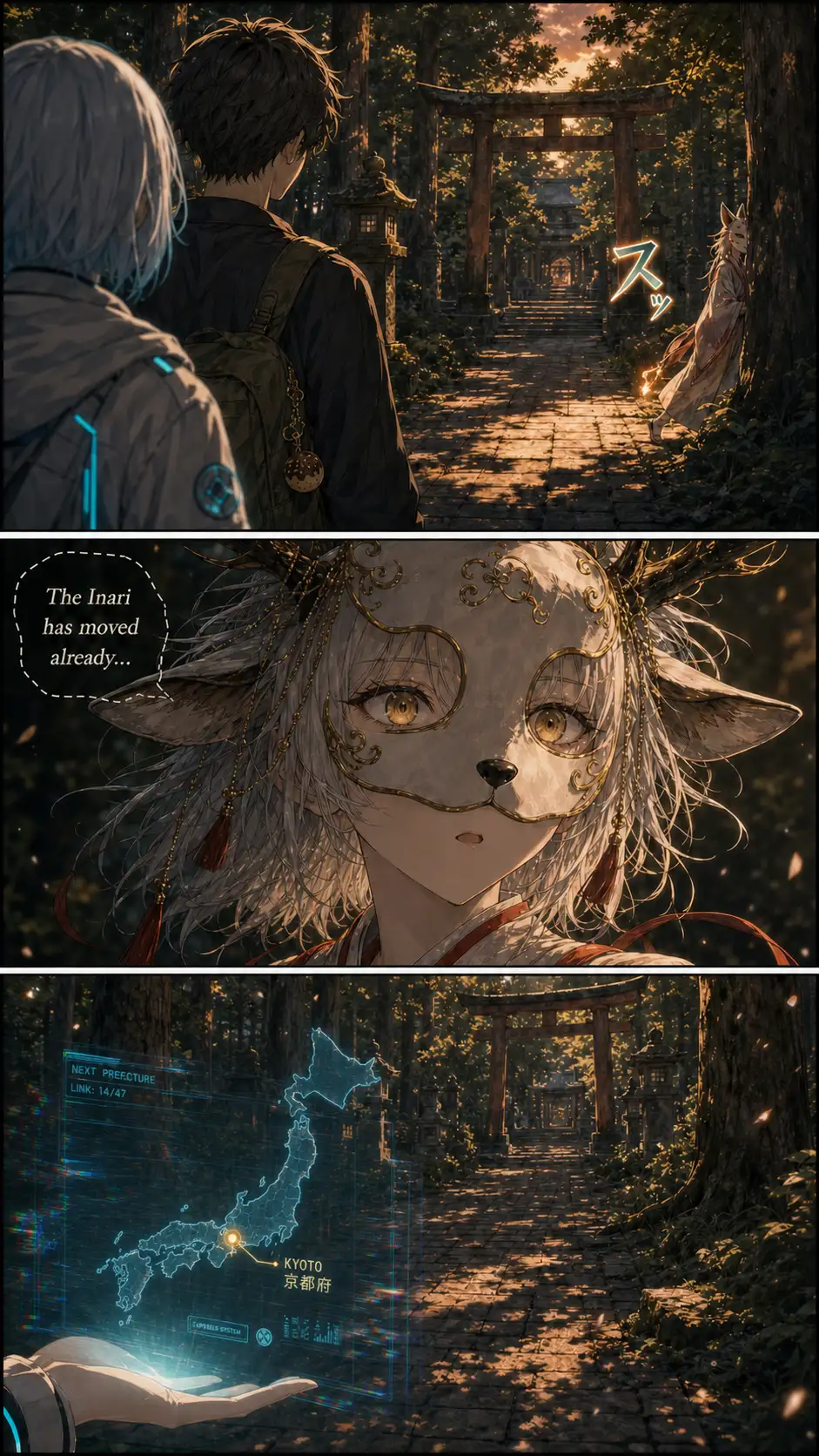 Tatsu photo-real medium shot at eye level facing the eastern bend of the cedar path approaching the perimeter of Kasuga; in the left foreground partially out of focus and rim-lit only stand Compass and Ren with their backs three-quarters toward the camera; deeper in the path, in the mid-ground but half-clipped by the right edge of the panel: a slim fox-mask silhouette pauses just at the path's bend — an Inari shrine torii's orange torch-flame flickers once at the bend's edge and is gone, leaving only the suggestion of vermilion against the deepening cedar-shadow / Close-up of Roku-no-mai in delighted half-whisper — the line carries this chapter's earned weight (awe + relief + recognition). / Empty space where the next-prefecture shadow just was + Compass's holo showing a NEW pin lighting up; her glitch flickers harder.