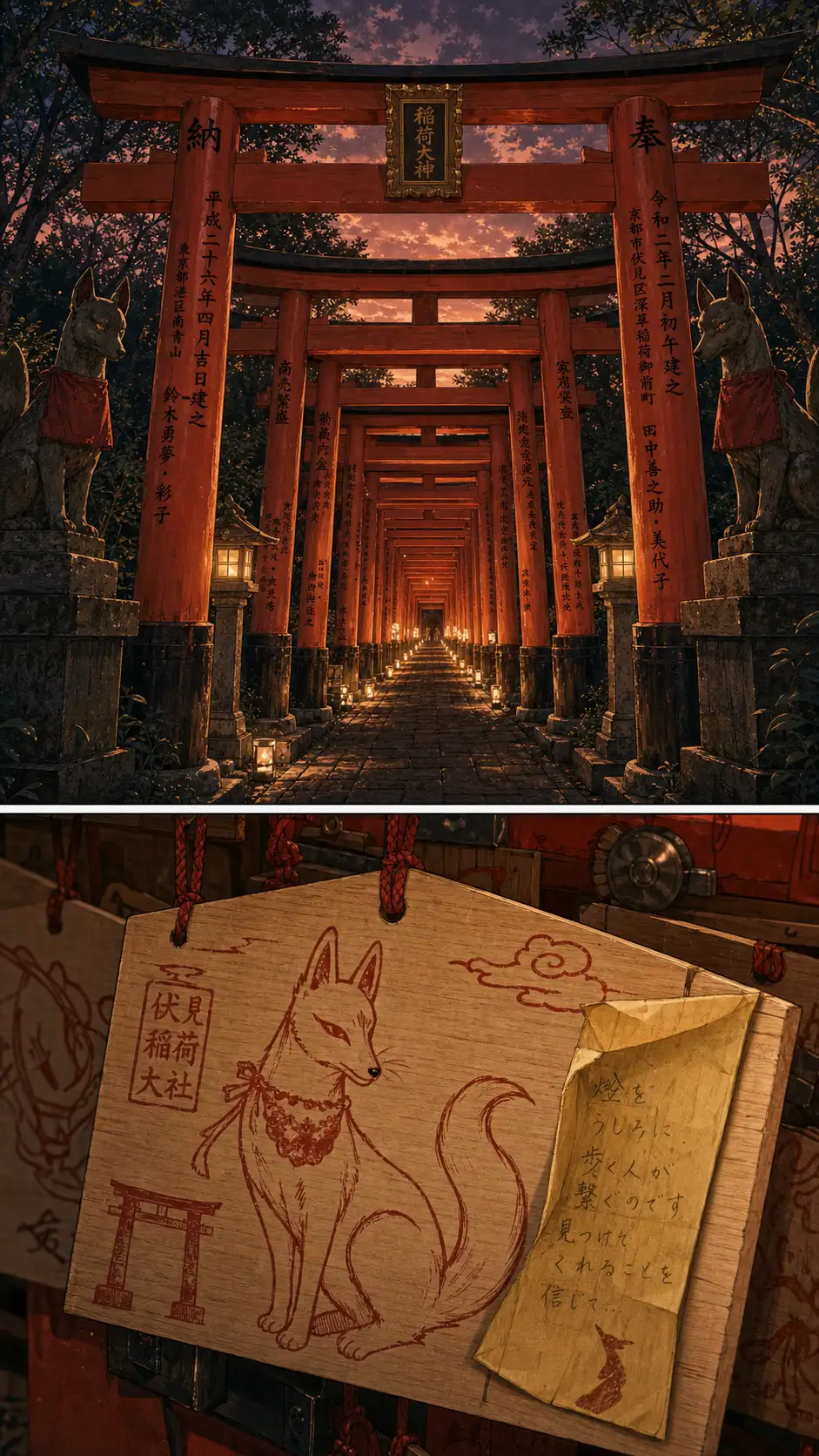 Tatsu photo-real medium-wide of the inner Fushimi Inari senbon-torii at deep twilight: hundreds of vermilion gates receding into perspective; soft electric lantern lights beginning to come on at each gate's threshold; a real stone fox-guardian at the panel's lower-mid third with a single golden ear of rice in its mouth (the Inari iconography) / Nekokurage decorative close-up of a hanging votive plaque (ema) at a small sub-shrine: a hand-drawn fox-shape in cinnabar-red ink, the wood-grain visible behind it, a single piece of folded yellow paper tucked into the corner with Ren's grandmother's handwriting on it from decades ago
