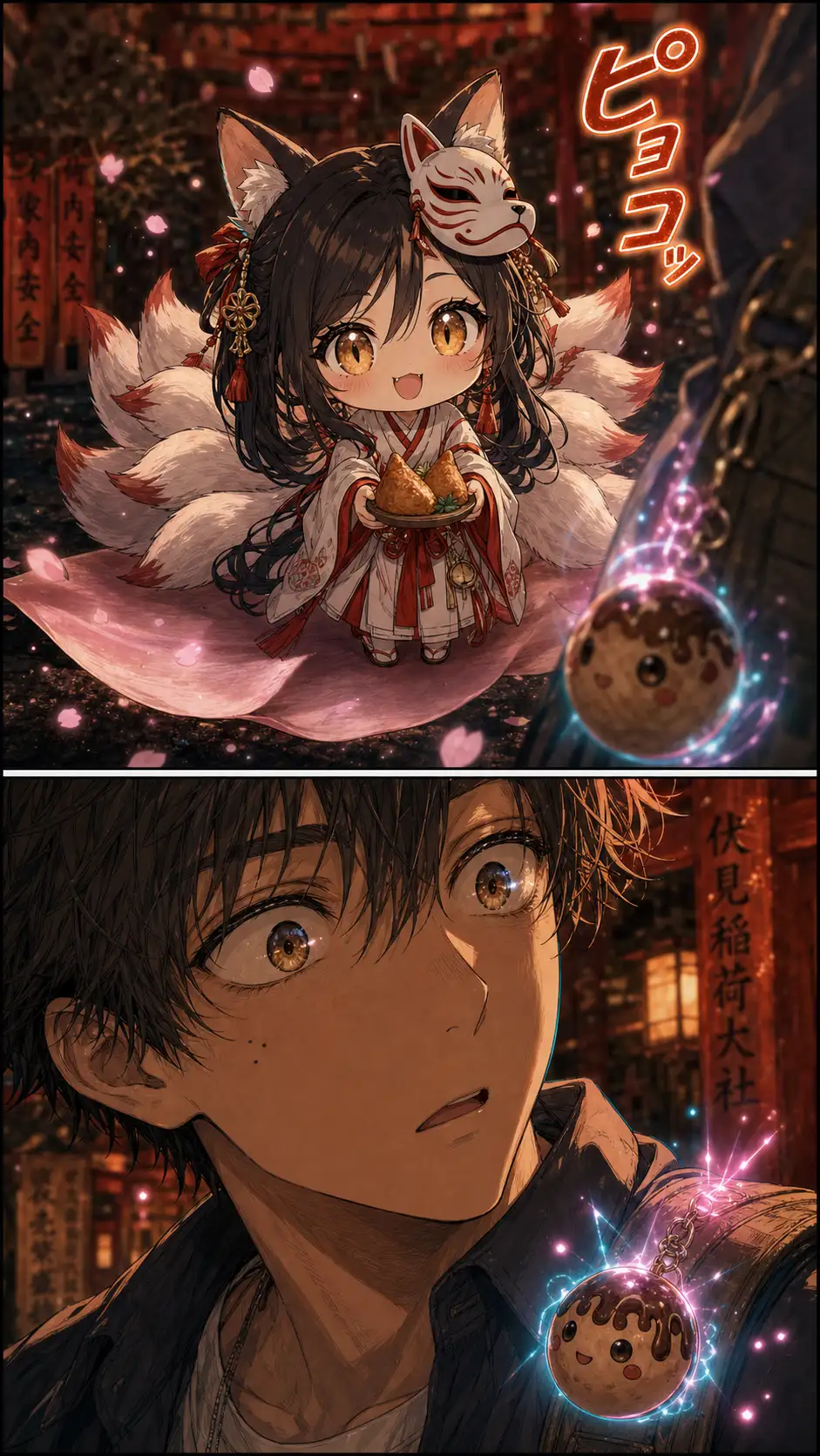 ECU at eye-level on the cherry-petal resting on a stone step; in the petal's surface, Inari-yume's chibi-mode face has appeared: cat-eared chibi fox-spirit with all nine tails fluffed comically wide like a peacock fan, the body almost entirely consumed by the tails, holding a tiny offering of inari-zushi (sweet tofu pouches) with a knowing wink / cut to Ren's startled eye at eye-level ECU; the chibi's tail-fan reflected as a tiny smudge across his pupil; the wooden charm at his backpack strap glowing faint cyan-pink for the first time this chapter — slightly stronger than Nara's first pulse because Kyoto's spirits are older
