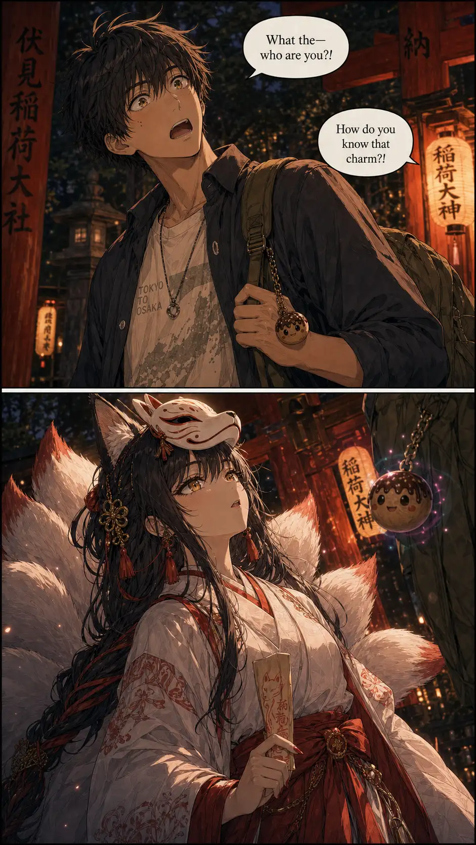 Tight on Ren, startled exclamation. Speech bubble area in the top-center holds his shouted line. / Inari-yume fully on-model now. CRUCIALLY: spirit's eyes locked on the wooden charm on Ren's backpack strap, not on Ren. Spirit recognition.