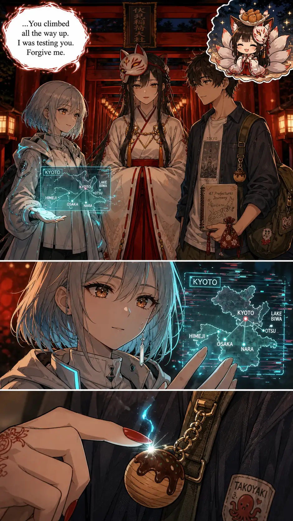 Inari-yume introduces themselves. Chibi cut-in inset upper-right: cat-eared fox chibi with all nine tails fluffed and spread like a peacock fan, holding a tiny offering of inari-zushi for half a beat. / Compass's reaction: calmly attentive, but her holo flickers visibly behind her hand. Composure cracks at the edges. / Detail of the spirit's presence in the scene + the wooden charm on Ren's strap.