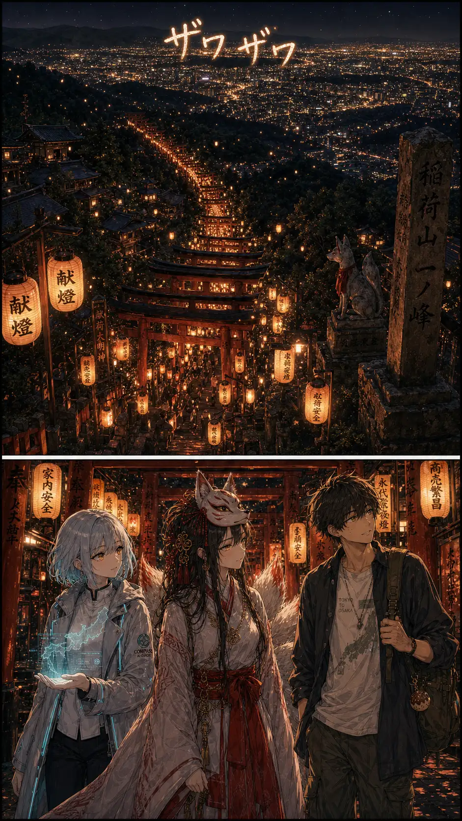 extreme-wide overhead high-angle at deep night of the entire Mt. Inari mountain face: thousands of paper-lantern flames forming the senbon-torii's lit line snaking up to the summit; the city of Kyoto laid out as a soft golden grid far below in the distance; a few stars just visible above / medium-wide of Compass, Ren, and Inari-yume walking up the lit torii-tunnel together; Inari-yume's nine tails brush the sides of the gates softly as she passes; sika deer absent in Kyoto, replaced by stone-fox guardians flanking the path
