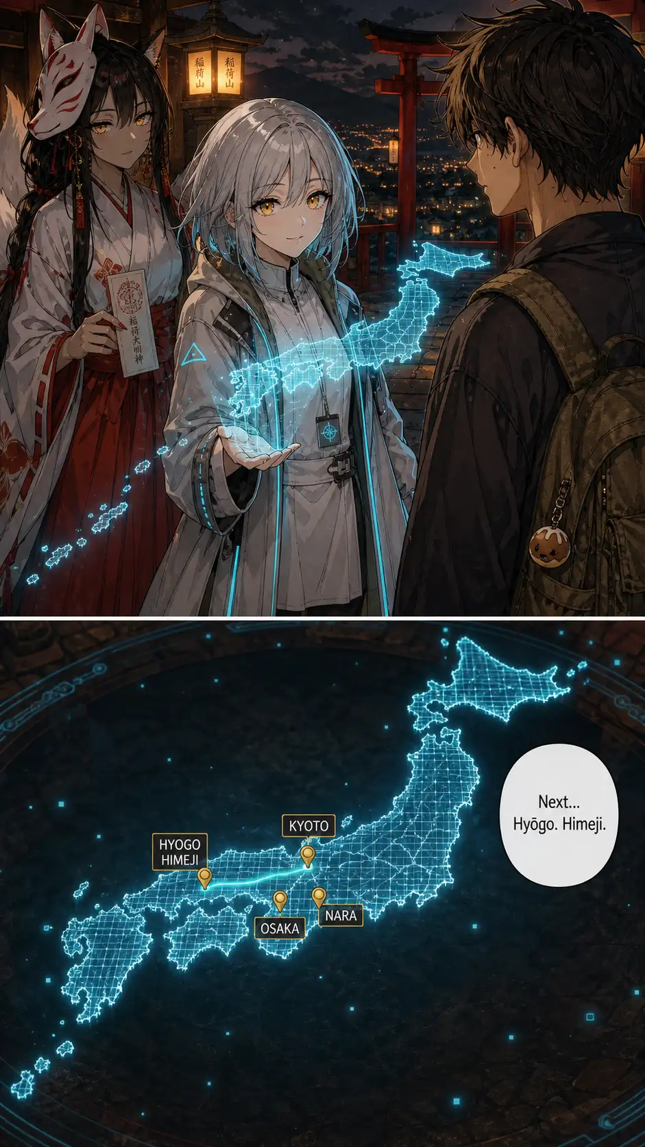 OTS from Ren's shoulder. Compass with the holographic map blooming. Narration '次は——'. / high-angle close-up of the holo detail: small gold pins now over Osaka, Nara, AND Kyoto — three pins lit, not two; a thin cyan thread extends WEST from Kyoto toward Hyogo, with the suggestion of a heron-wing silhouette where it terminates
