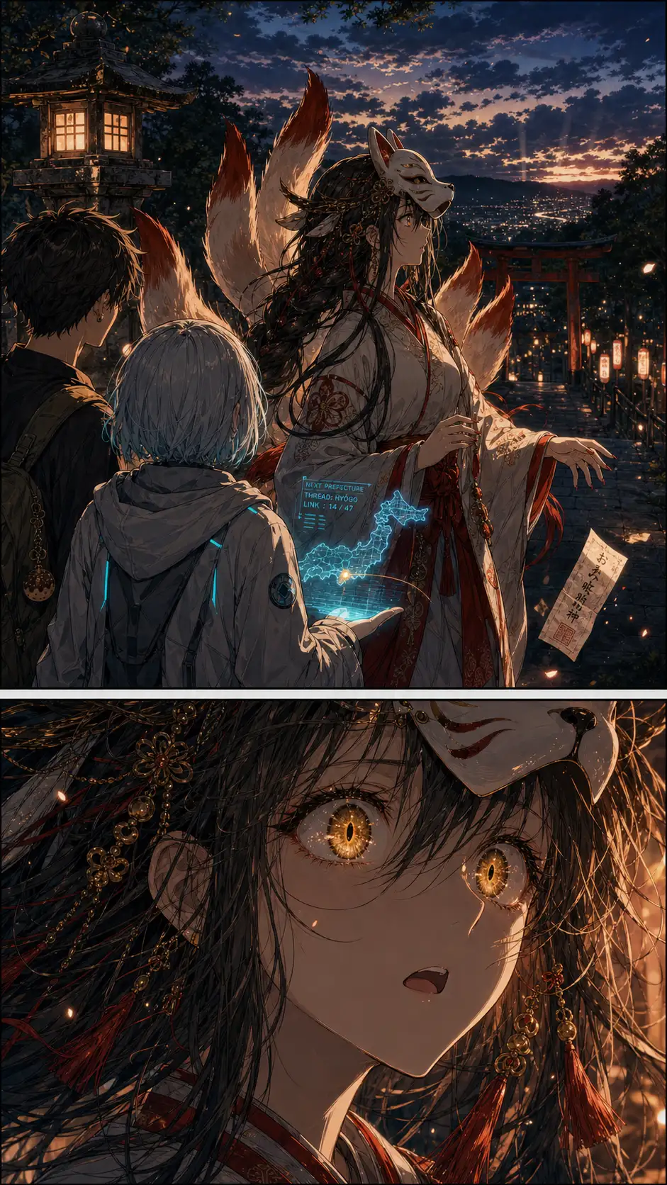 Inari-yume alert, gaze locked past Compass and Ren toward something approaching from the next prefecture. / Reaction close-up — spirit's eyes blown wide.