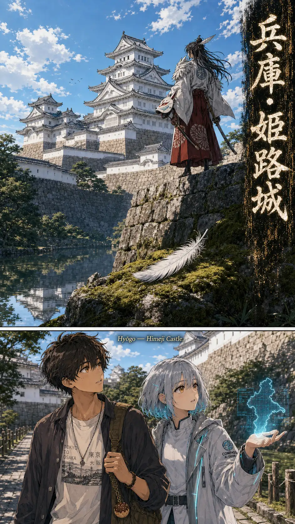 Magazine-poster hook (Nomura mode). Photo-real wide of Himeji Castle (White Heron Castle) at high noon; the white stucco walls gleaming; the central tenshu keep rising above the inner moat. Baked-in vertical brush-kanji title strip down the right side: '兵庫・姫路城'. The white-heron feather from ch03 settles on the moss of Himeji's outer moat — Shiro-tsubasa stands at attention above on the stone wall, helmet under arm. / Tighter two-shot of Ren and Compass walking right; the wooden takoyaki-shaped charm on Ren's backpack strap visible.