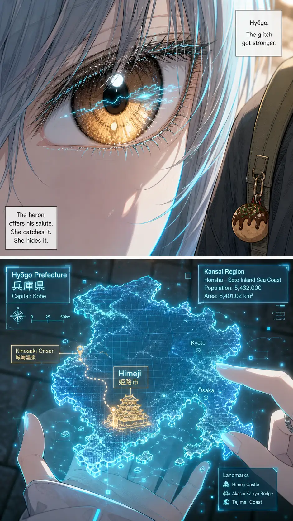 Single-eye intensity panel (Nomura mode): Compass's amber eye fills the panel; the cyan holographic prefecture-map outline reflected across her iris. A faint cyan flicker — her chapter glitch. / Detail of the holographic map: translucent cyan wireframe outline of this prefecture, key features highlighted in gold.