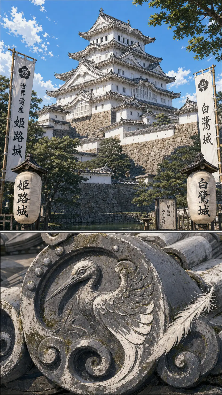 Tatsu photo-real medium-wide of the inner-castle plaza at noon: the steep angular eaves of Himeji-jō rising overhead, white-plaster walls with crisp black wooden trim, ochre roof-tiles arranged in perfect geometry; a single school-trip group of small figures crossing the plaza far away for scale / Nekokurage decorative close-up of a single ornamental roof-tile (onigawara) carved with a heron motif — weathered grey ceramic with white-paint accents where the heron's wing-tips meet the eave; mossy patina in the deeper grooves; a single white feather caught against the tile by the breeze