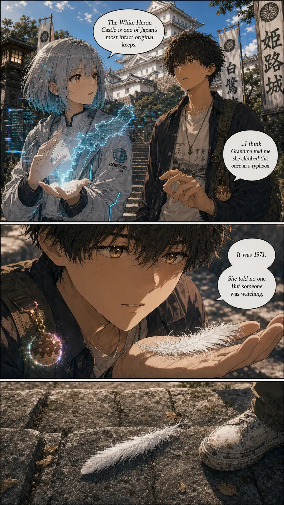 Two-shot of Compass and Ren reacting. The grandmother-fragment line lands here as a quiet beat. Compass's holo flickers behind her hand. / Reaction close-up on Ren. The wooden charm on his backpack catches light and glints cyan-pink for half a beat — visible to the reader. / extreme-close environmental beat: the white feather resting on a stone step of the castle's main staircase; the deep grooves of the centuries-worn stone visible; the toe of Ren's worn sneaker entering from the right edge