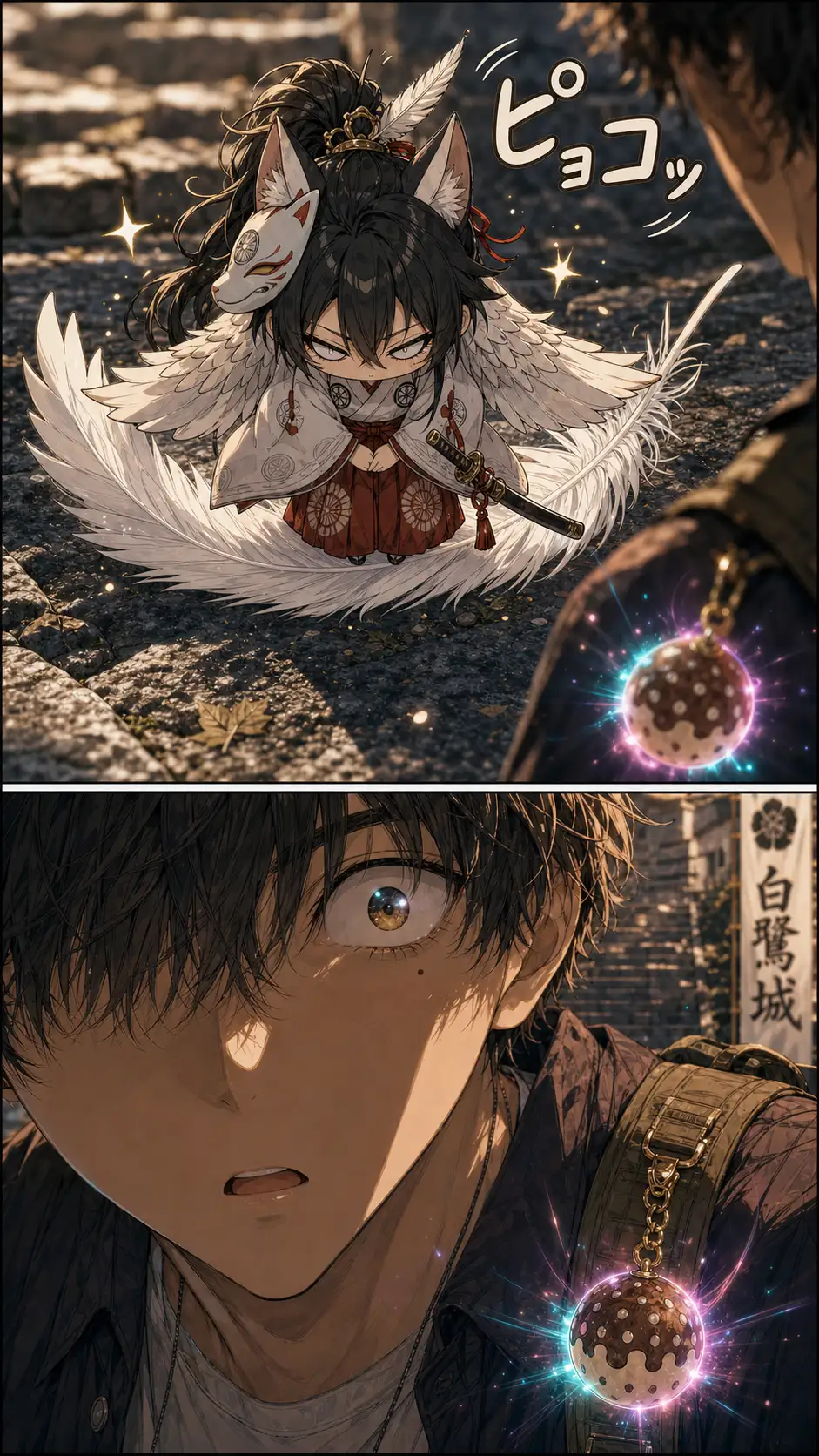 ECU at eye-level on a second white heron-feather appearing impossibly in mid-air against the white-stone wall background; in the feather's barbules, Shiro-tsubasa's chibi-mode face has appeared: a cat-eared chibi heron-knight with the alpenstock-katana bigger than her body, a stiff formal bow with the helmet falling forward over her eyes / cut to Ren's startled eye ECU; the chibi's helmet-bow reflected as a tiny smudge across his pupil; the wooden charm at his backpack strap glowing faint cyan-pink for the first time this chapter — slightly more disciplined than Kyoto's pulse, befitting a martial spirit