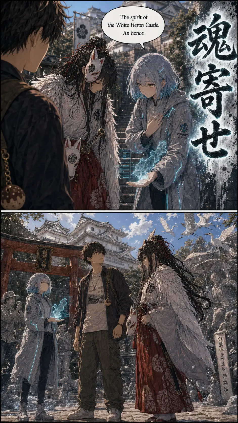 JJK-mode named-technique callout panel. Baked-in stylized vertical brush-kanji '魂寄せ' (Tamayose — Soul-Calling) down the right side. Compass formally acknowledges Shiro-tsubasa. / pull back to a wider three-shot on the castle's main staircase landing: the trio with Himeji's tenshu rising behind them; CRUCIAL detail — a flock of real white herons mid-flight in the upper-right background is rendered frozen mid-wing-beat, the named-technique pausing the mortal world; tourists in the lower background also still