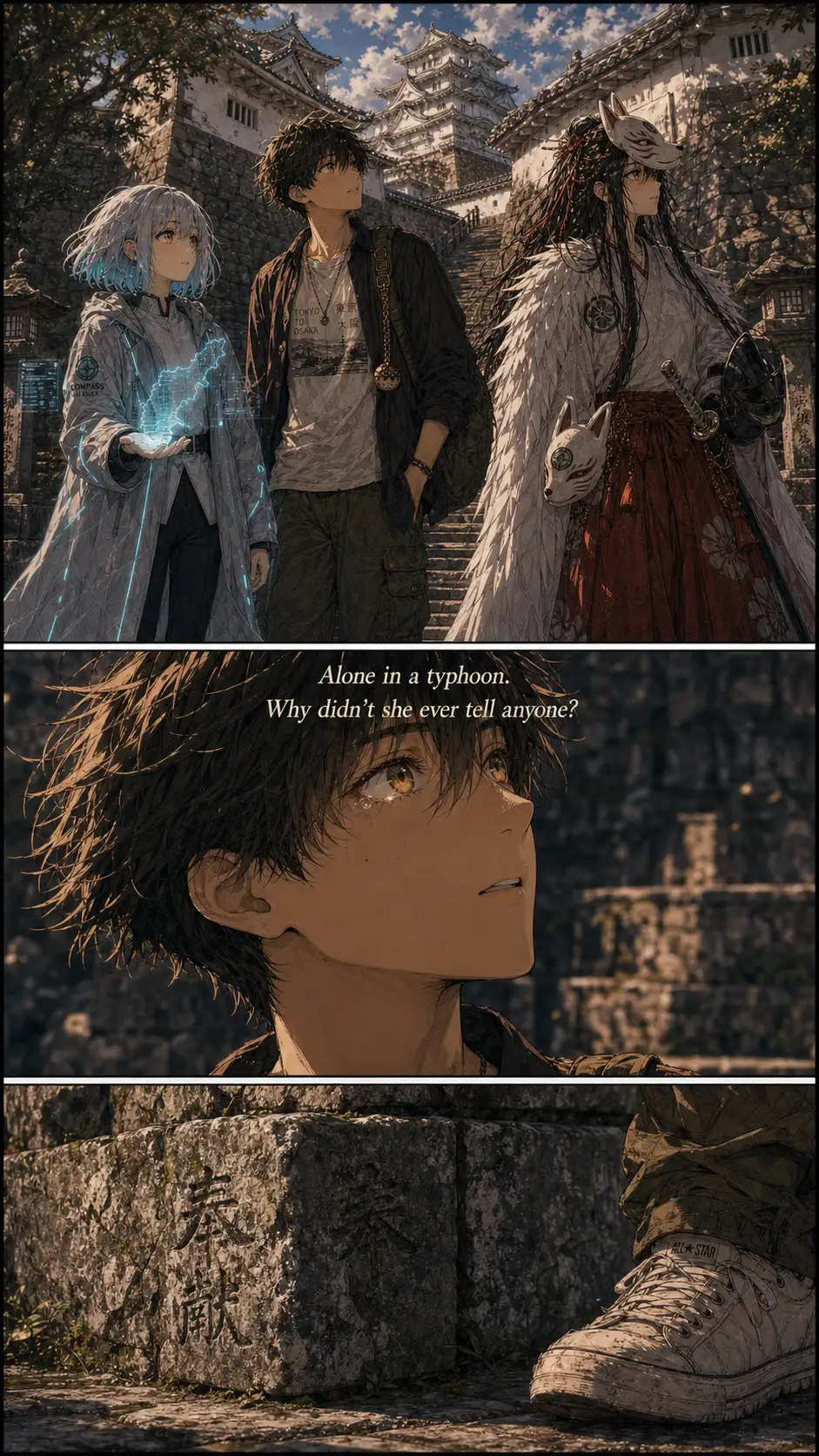 Three-shot of Compass, Ren, and Shiro-tsubasa in motion. / Miura-mode emotional close-up on Ren. The chapter's grief crack — a fragment of his grandmother resurfacing. / Foreground silhouette or detail to absorb the UI overlay zone.