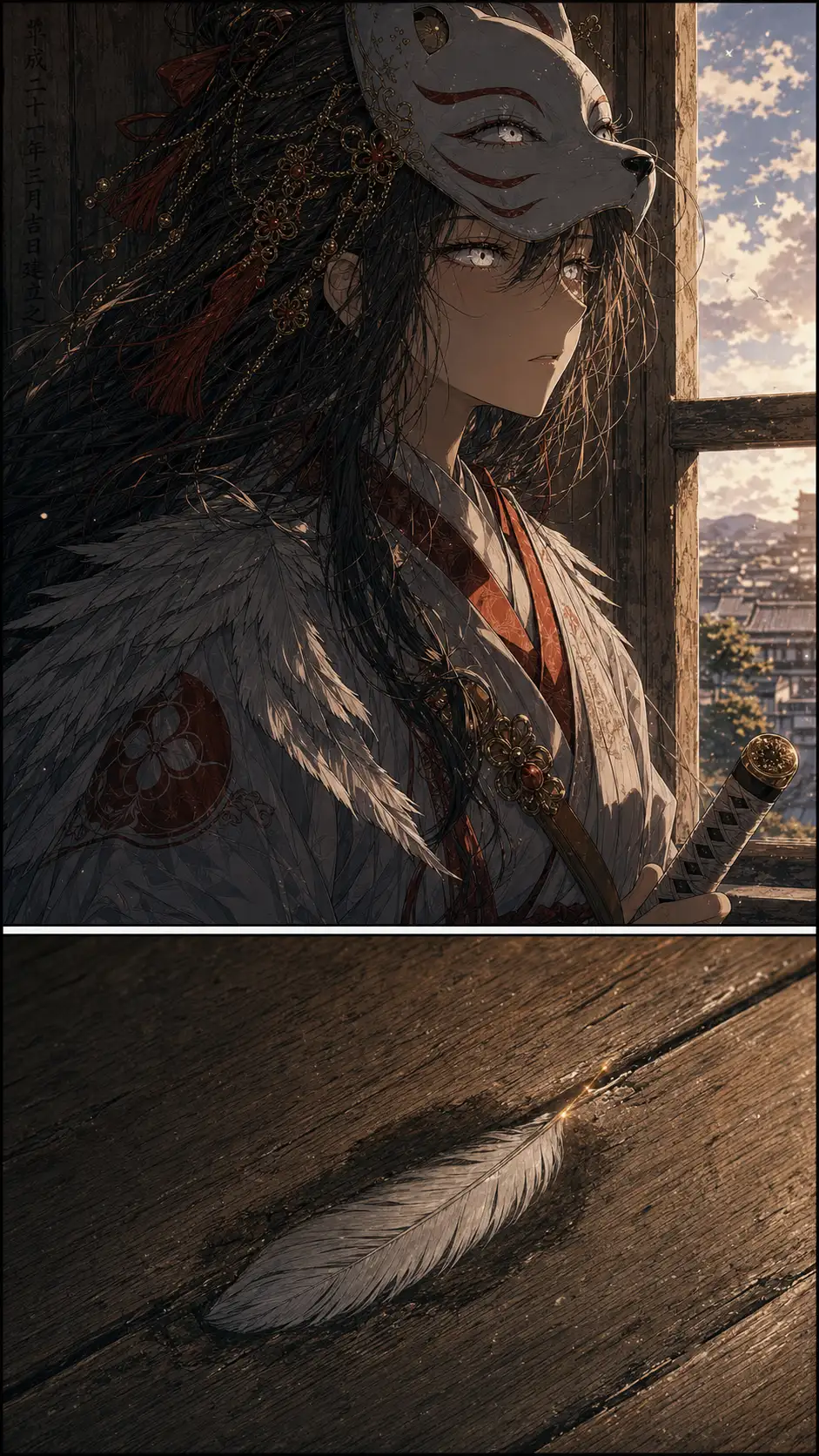 close-up of Shiro-tsubasa standing alone at the high tenshu window in the room where Ren's grandmother once stood; helmet at her side now, the wing-pauldron catching afternoon light; her stern-discipline face shows a single moment of softness as she looks at the spot where the grandmother had stood / tiny detail beat: a single grey-white heron-feather that has been pressed into one of the wooden floor-planks of the keep — preserved there for fifty-four years since the typhoon night; the wood-grain around the feather slightly darkened where the grandmother's hand had touched it leaving an oil-trace