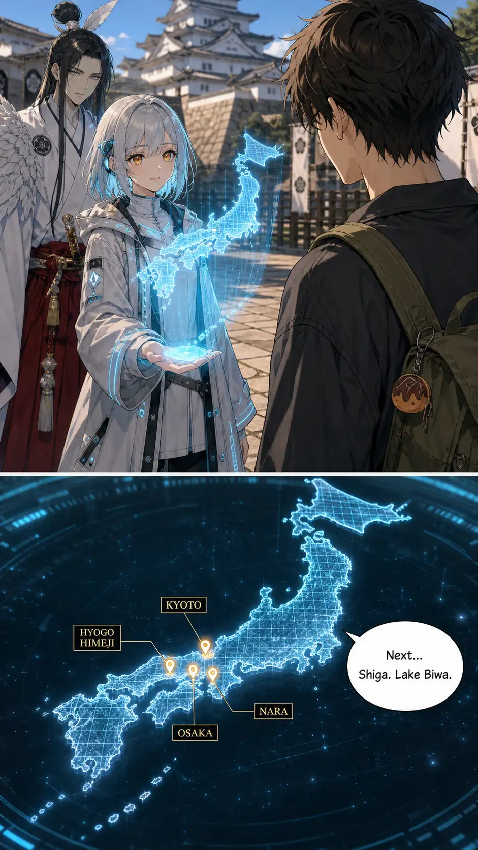 OTS from Ren's shoulder. Compass with the holographic map blooming. Narration '次は——'. / high-angle close-up of the holo: four pins now lit (Osaka, Nara, Kyoto, Himeji) — the network is taking shape; a thin cyan thread extends EAST from Himeji toward Lake Biwa in Shiga prefecture; a faint pearl-droplet silhouette is visible where the thread terminates