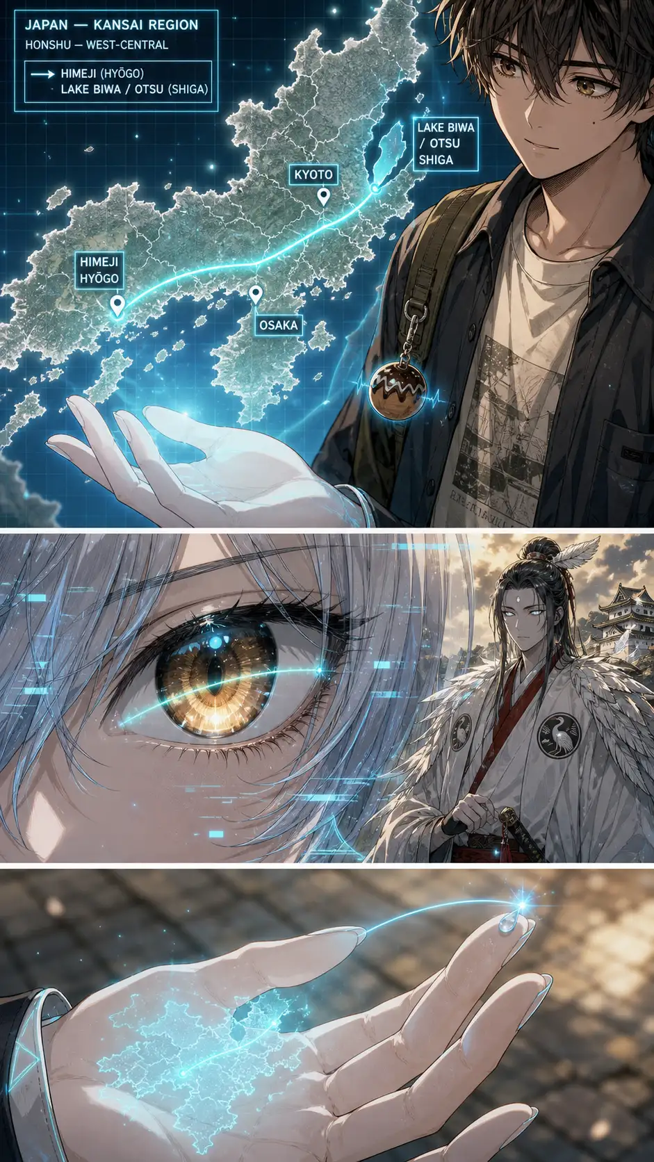 Tight on the holographic map: cyan thread arcs east from the new pin toward the next prefecture's outline. / Single-eye intensity panel: Compass's eye reflecting the cyan thread; Shiro-tsubasa visible at panel edge watching. / Compass's palm + thread terminus; quiet exchange.