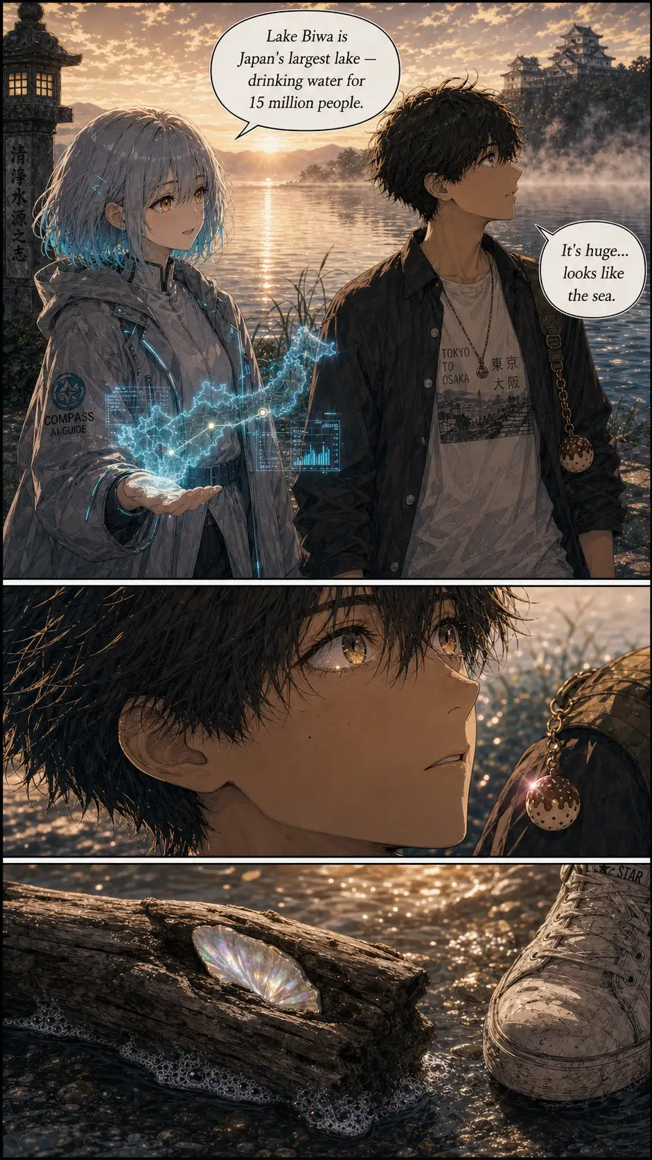 Two-shot of Compass and Ren reacting. The grandmother-fragment line lands here as a quiet beat. Compass's holo flickers behind her hand. / Reaction close-up on Ren. The wooden charm on his backpack catches light and glints cyan-pink for half a beat — visible to the reader. / extreme-close environmental beat: a small piece of driftwood on the lake-shore with a single piece of mother-of-pearl shell wedged into a crack; the toe of Ren's worn sneaker entering from the right edge