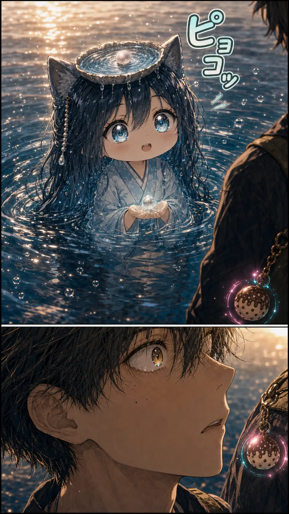 ECU at eye-level on the centre of the ripple — Biwa-hime's chibi-mode face has appeared just under the water's surface: cat-eared kappa-style chibi with a tiny lake-shell head-dish, water visible swirling inside the dish, and a single pearl floating in the centre of the dish / cut to Ren's startled eye ECU; the chibi's shell-dish reflected; the wooden charm at his backpack strap glowing faint cyan-pink — Biwa-hime's gentle nature means the pulse is the softest yet