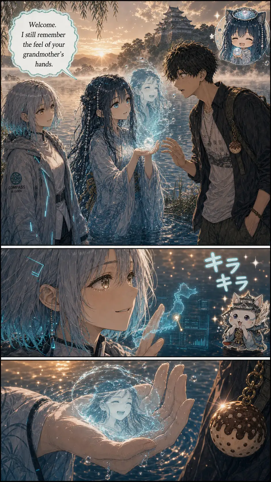 Biwa-hime introduces themselves. Chibi cut-in inset upper-right: cat-eared kappa-style chibi with a tiny lake-shell head-dish full of water and a single pearl floating in it for half a beat. / Compass's reaction: calmly attentive, but her holo flickers visibly behind her hand. Composure cracks at the edges. / Detail of the spirit's presence in the scene + the wooden charm on Ren's strap.