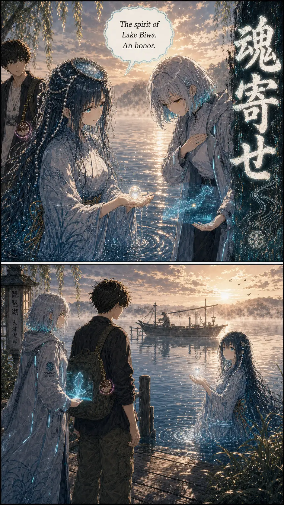JJK-mode named-technique callout panel. Baked-in stylized vertical brush-kanji '魂寄せ' (Tamayose — Soul-Calling) down the right side. Compass formally acknowledges Biwa-hime. / pull back to a wider three-shot of Compass on the pier, Ren on the pier, Biwa-hime half-in-the-water; CRUCIAL detail — the fishing boat in the mid-distance is rendered frozen mid-oar-stroke, the named-technique pausing the mortal world; the lake surface itself is unnaturally still