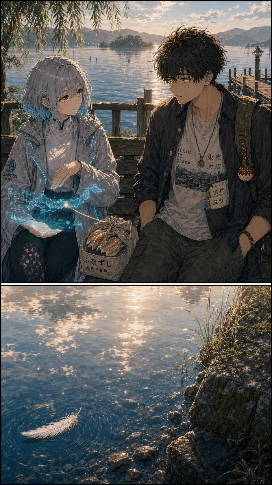 Miura-mode two-shot of Compass and Ren resting in a quiet location. Compass's holo (in her lap) shows a cyan thread extending east toward the next prefecture — a glitch she hides. / quiet environmental detail: the reflection of two figures in the still lake-water below the bench; a single freshwater pearl just below the surface visible like a small moon