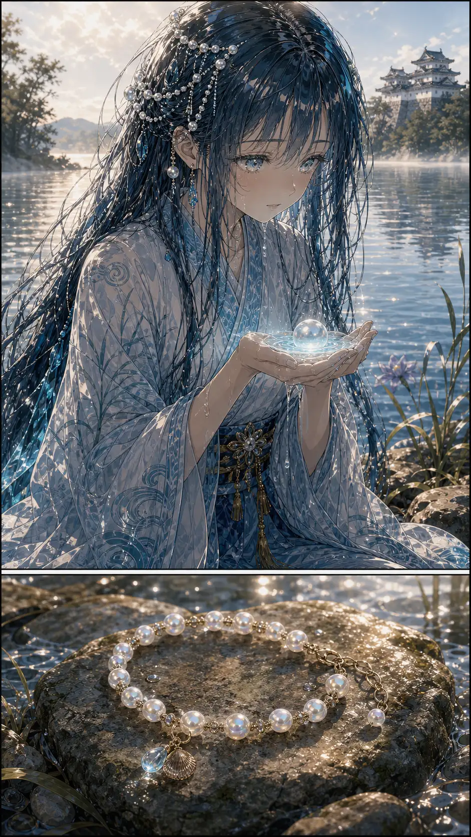 close-up of Biwa-hime alone at a quiet inlet, holding the pearl-strung bracelet she will gift to Ren in the next chapter (Mie); her palms cupped around it; a single drop of lake-water falls from her hair onto the bracelet creating a tiny ripple of cyan-pink light / tiny detail beat: the pearl-strung bracelet on a flat stone, drying in the morning sun; the pearls catching iridescent highlights