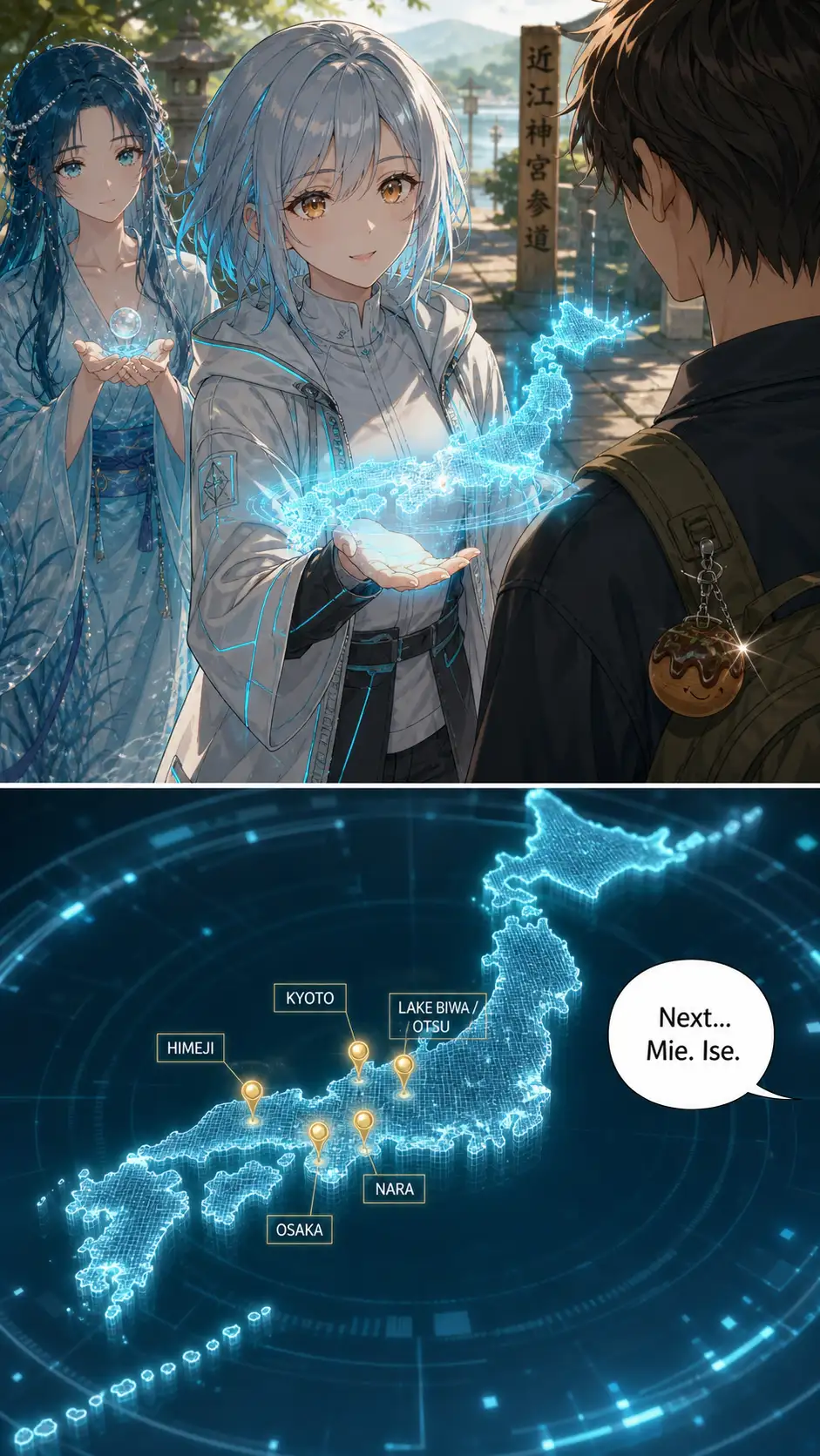OTS from Ren's shoulder. Compass with the holographic map blooming. Narration '次は——'. / high-angle close-up of the holo: five pins lit (adding Lake Biwa); cyan thread extending EAST toward Mie/Ise; a faint pearl-bubble silhouette where it terminates