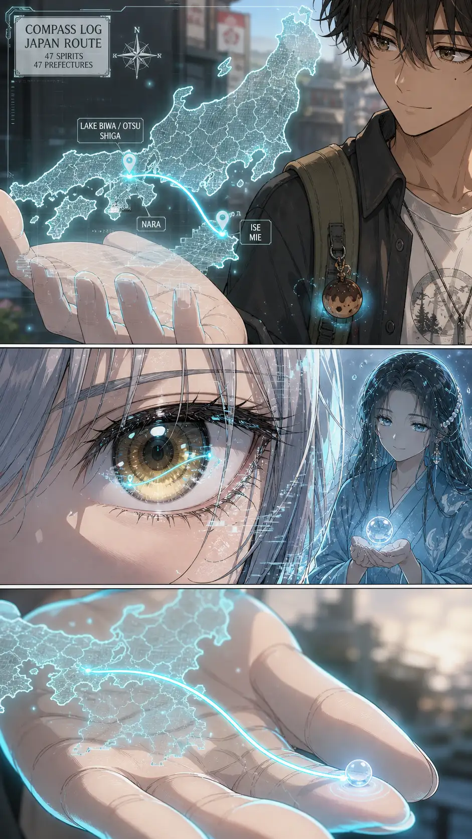 Tight on the holographic map: cyan thread arcs east from the new pin toward the next prefecture's outline. / Single-eye intensity panel: Compass's eye reflecting the cyan thread; Biwa-hime visible at panel edge watching. / Compass's palm + thread terminus; quiet exchange.