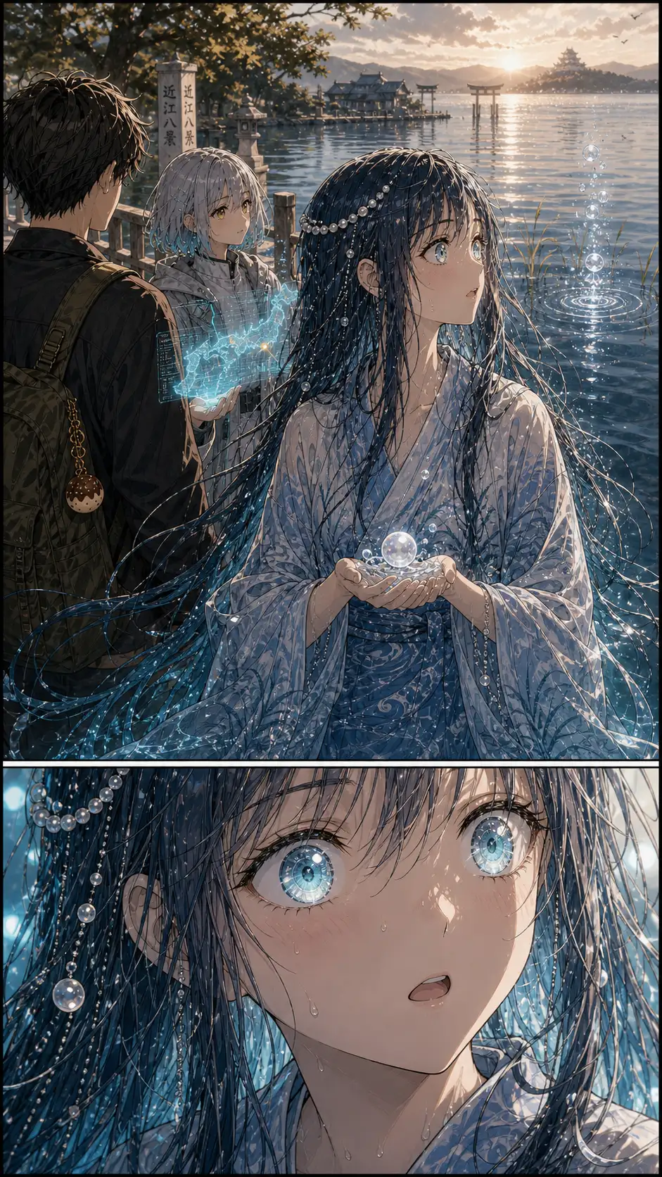 Biwa-hime alert, gaze locked past Compass and Ren toward something approaching from the next prefecture. / Reaction close-up — spirit's eyes blown wide.